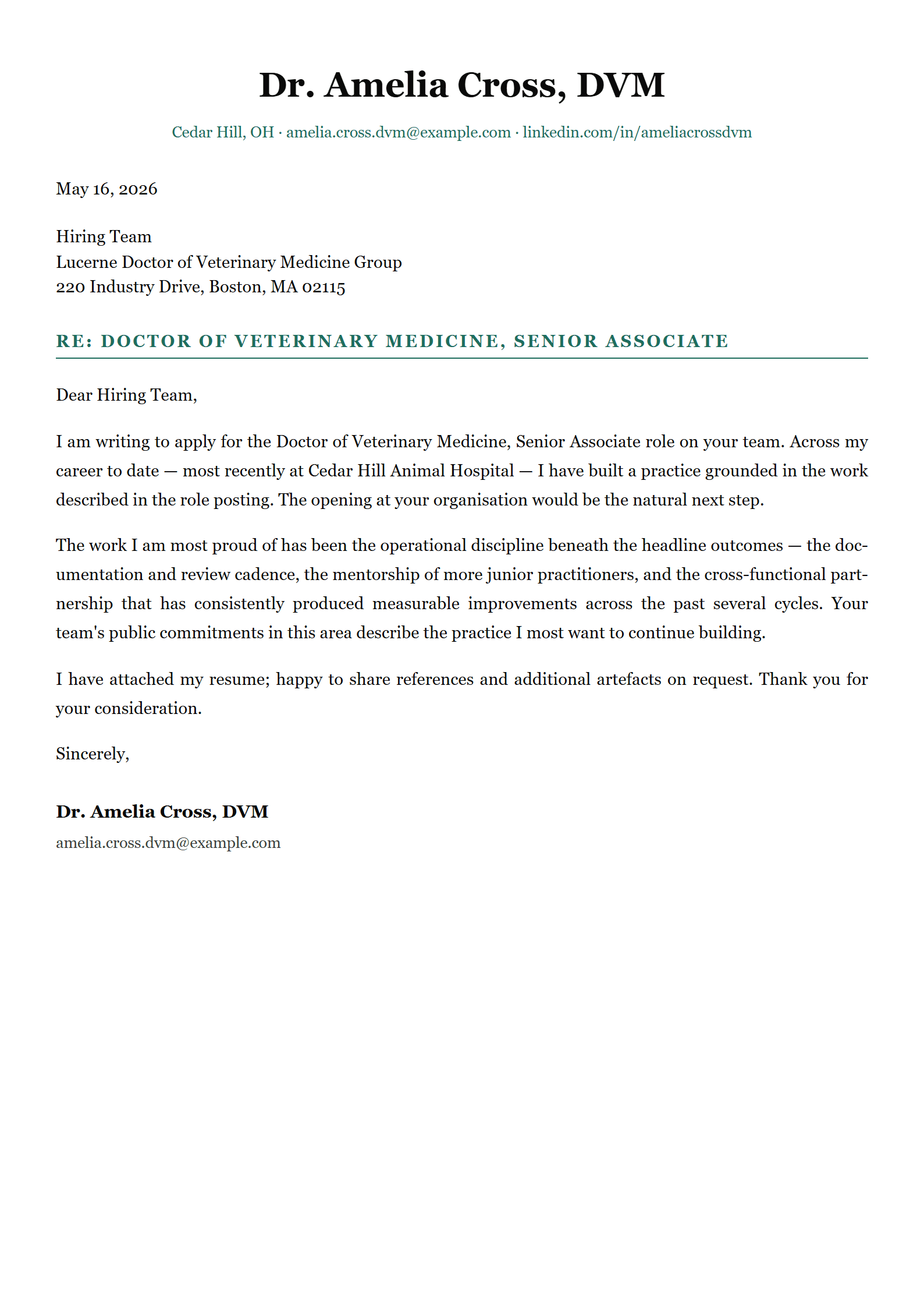 Caduceus-Vet cover letter template preview