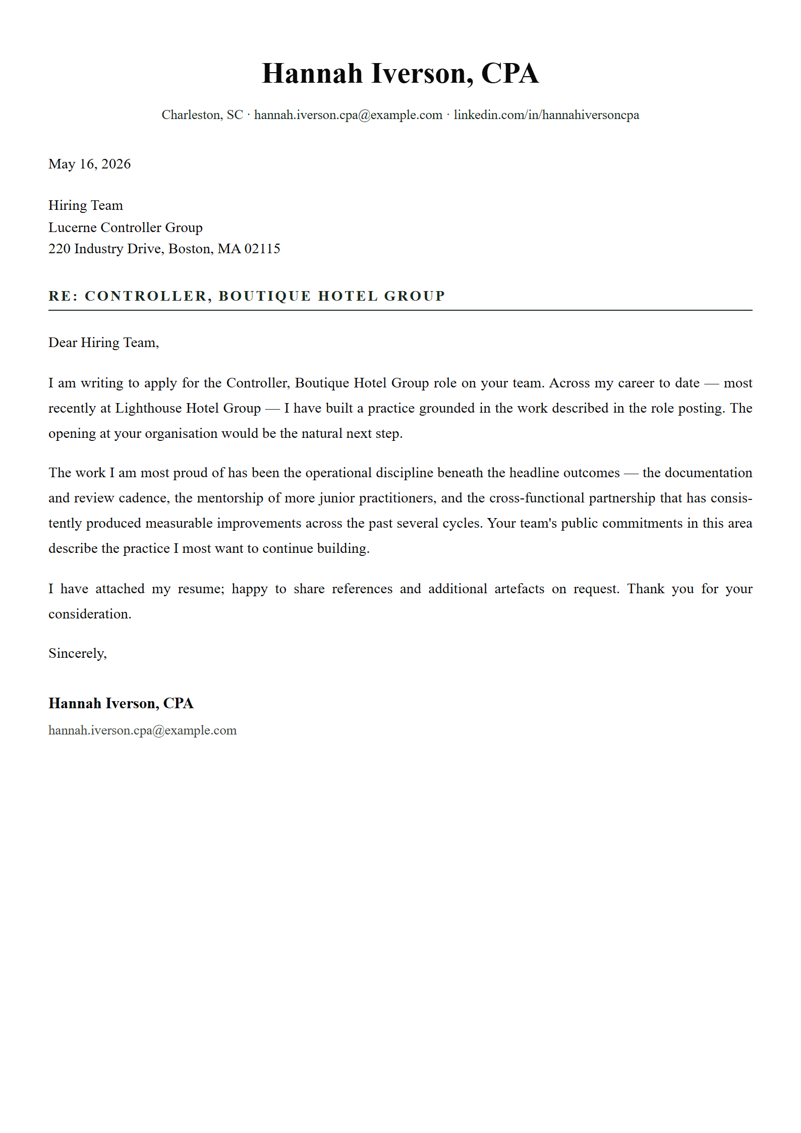 Ledger-Hospitality cover letter template preview