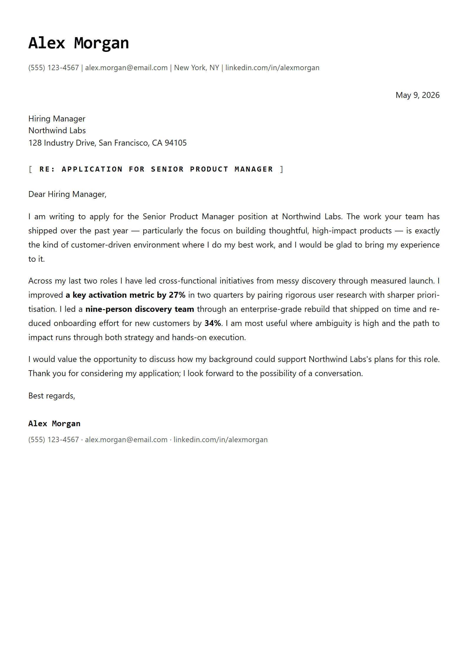 Deep Tech cover letter template preview