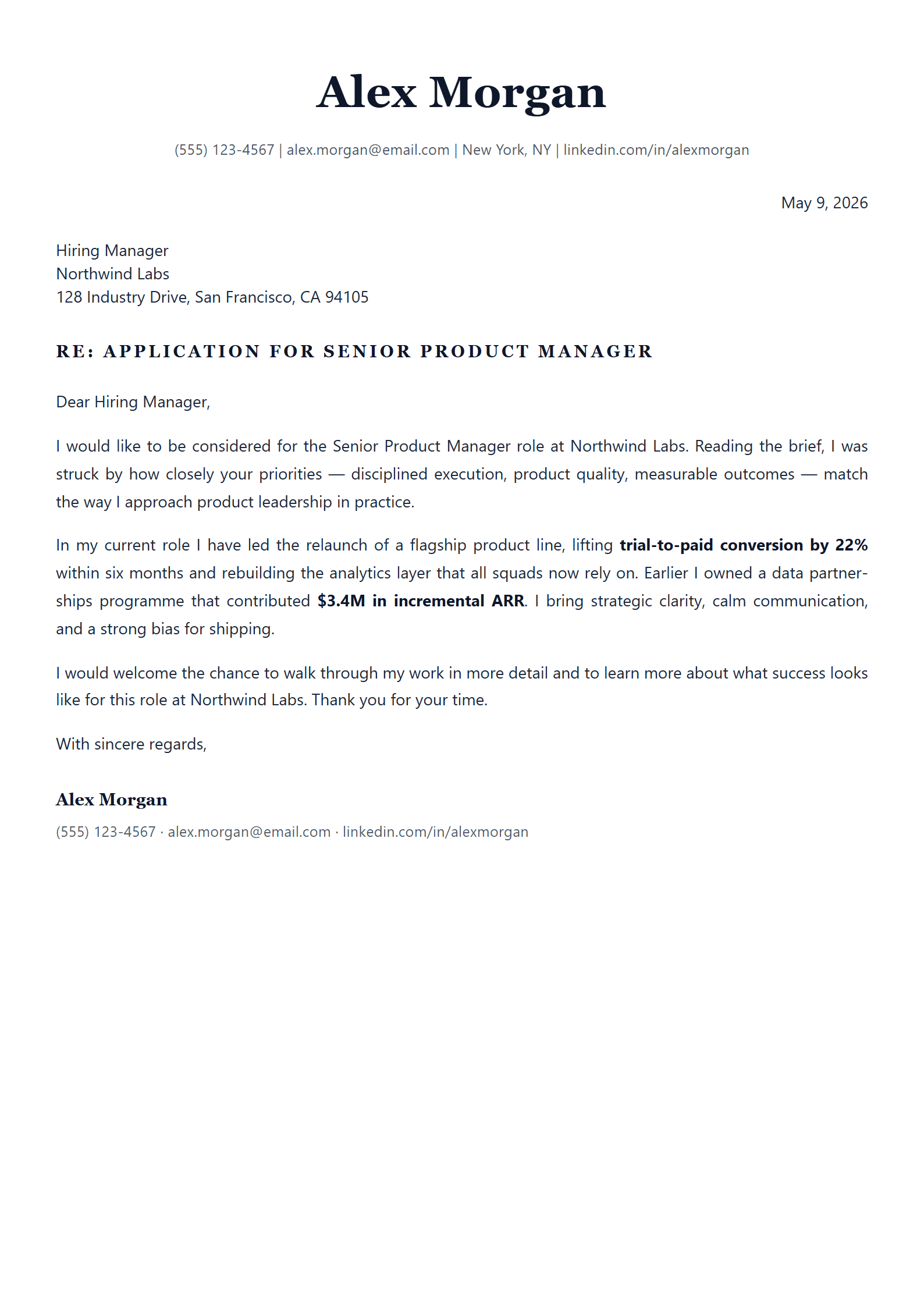 Professional Portrait cover letter template preview