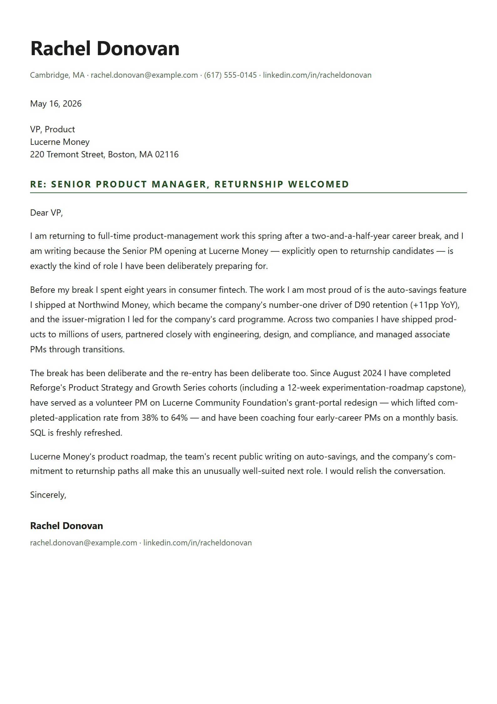 Return cover letter template preview