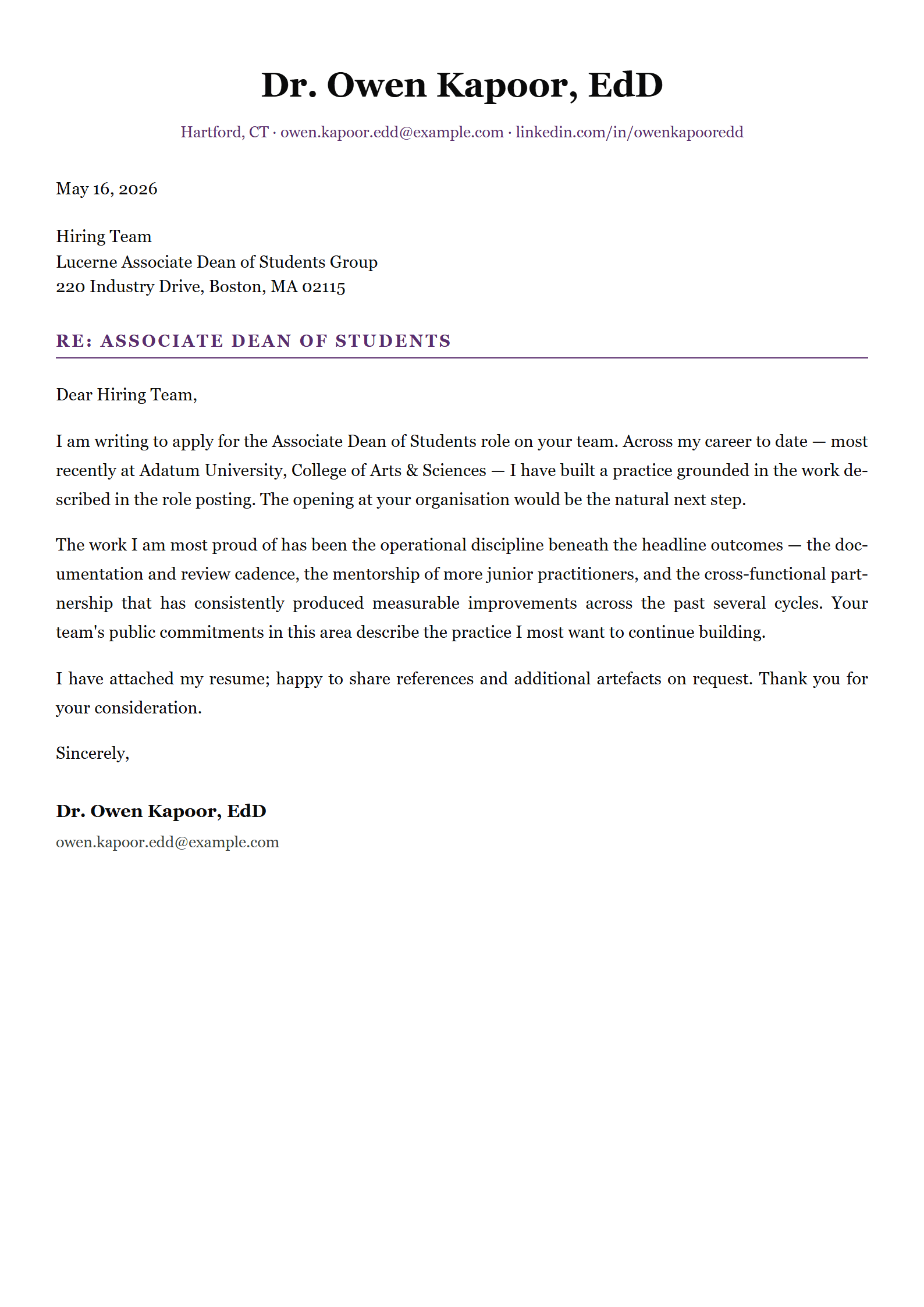 Lectern-Admin cover letter template preview