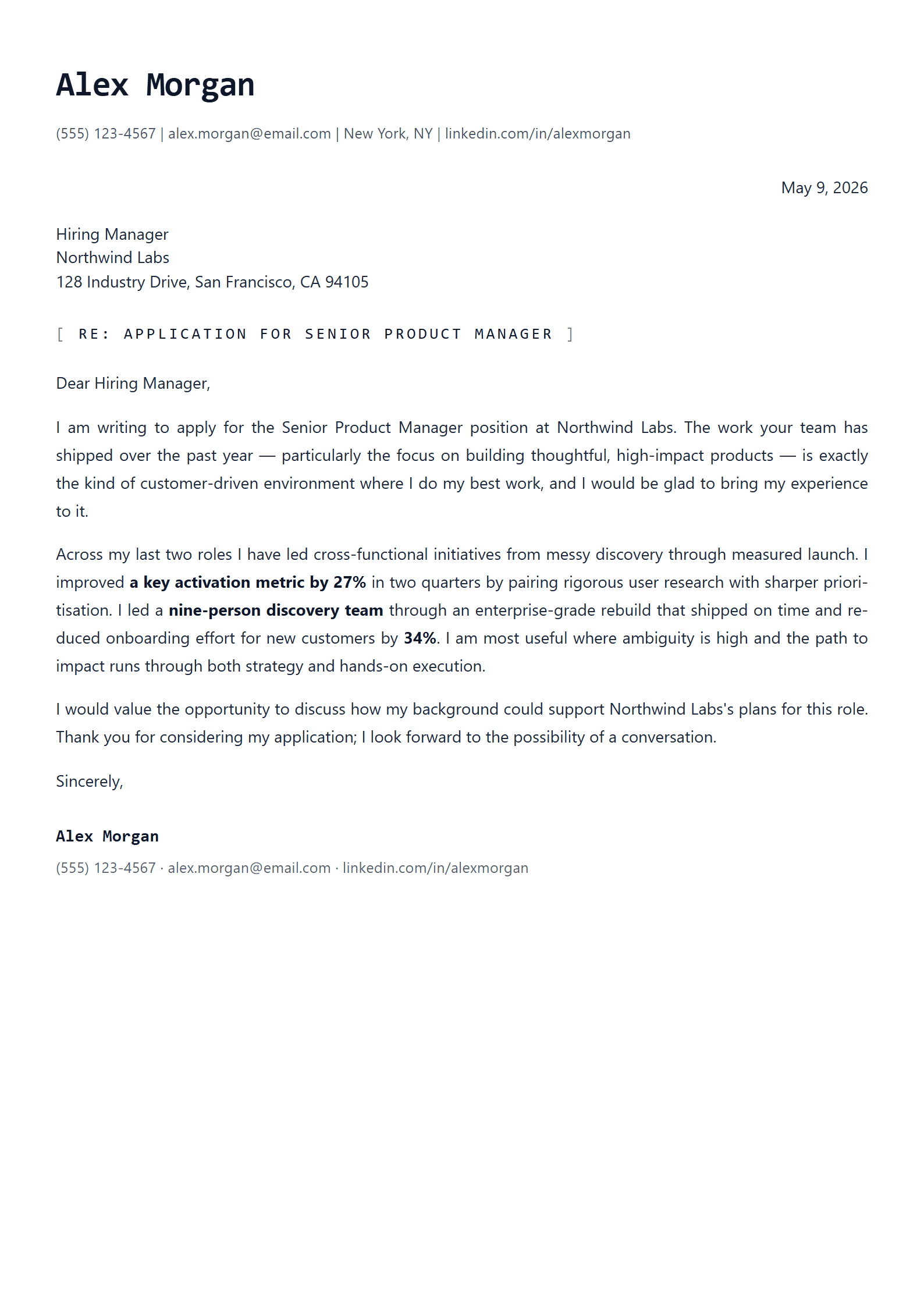 Developer Focus cover letter template preview