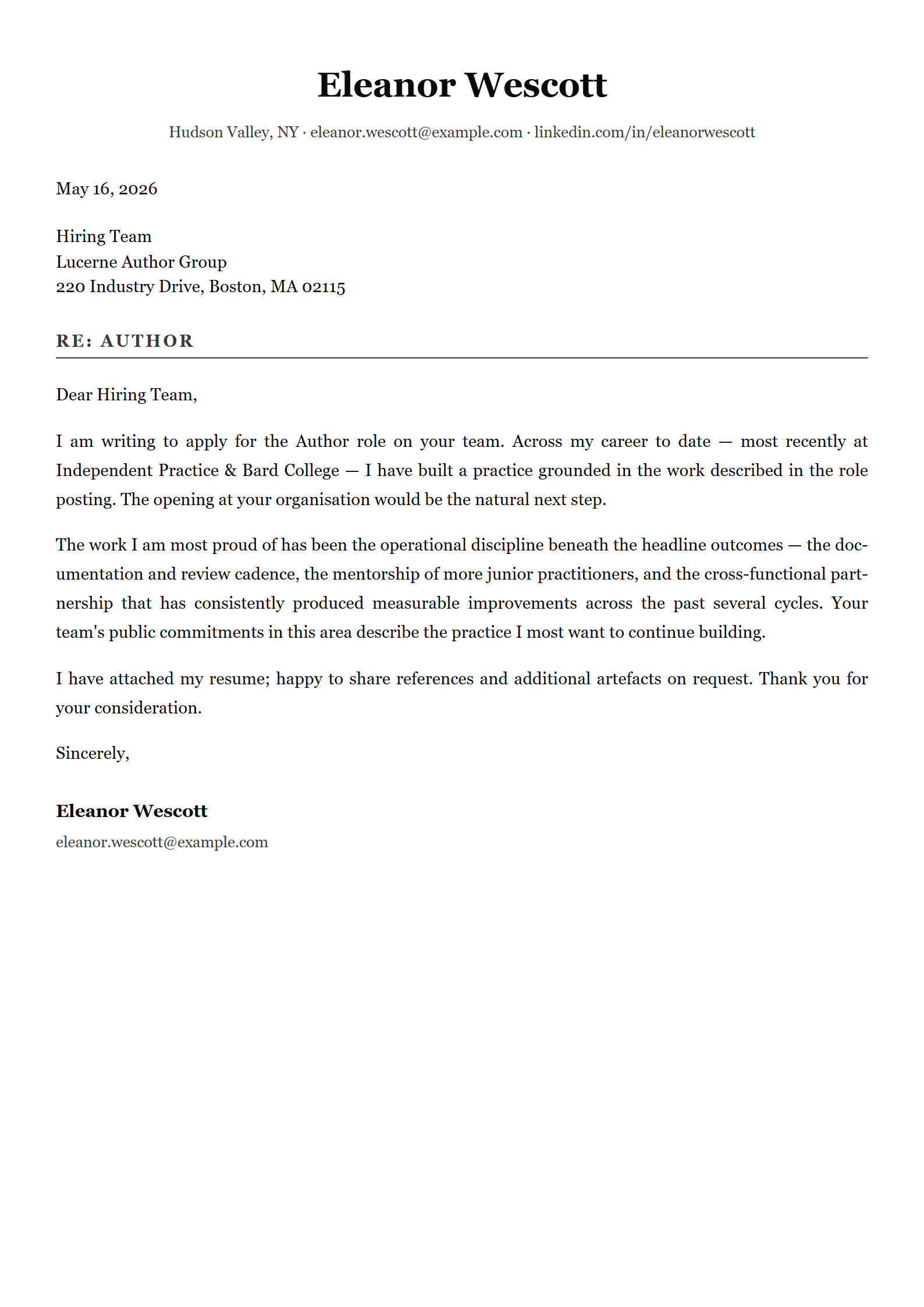 Quire cover letter template preview