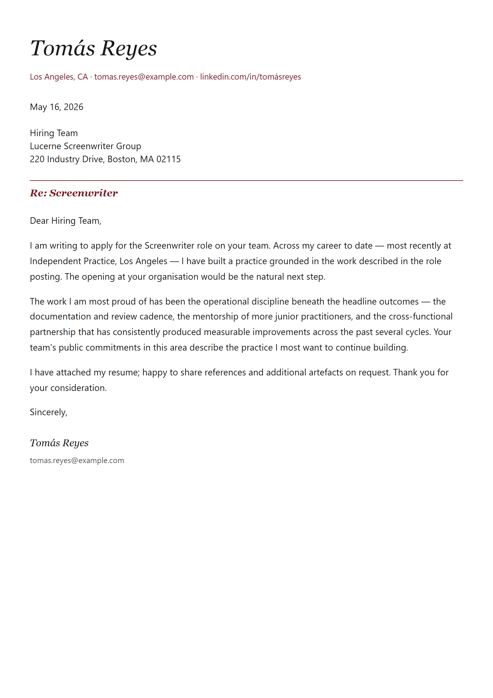Screen cover letter template preview