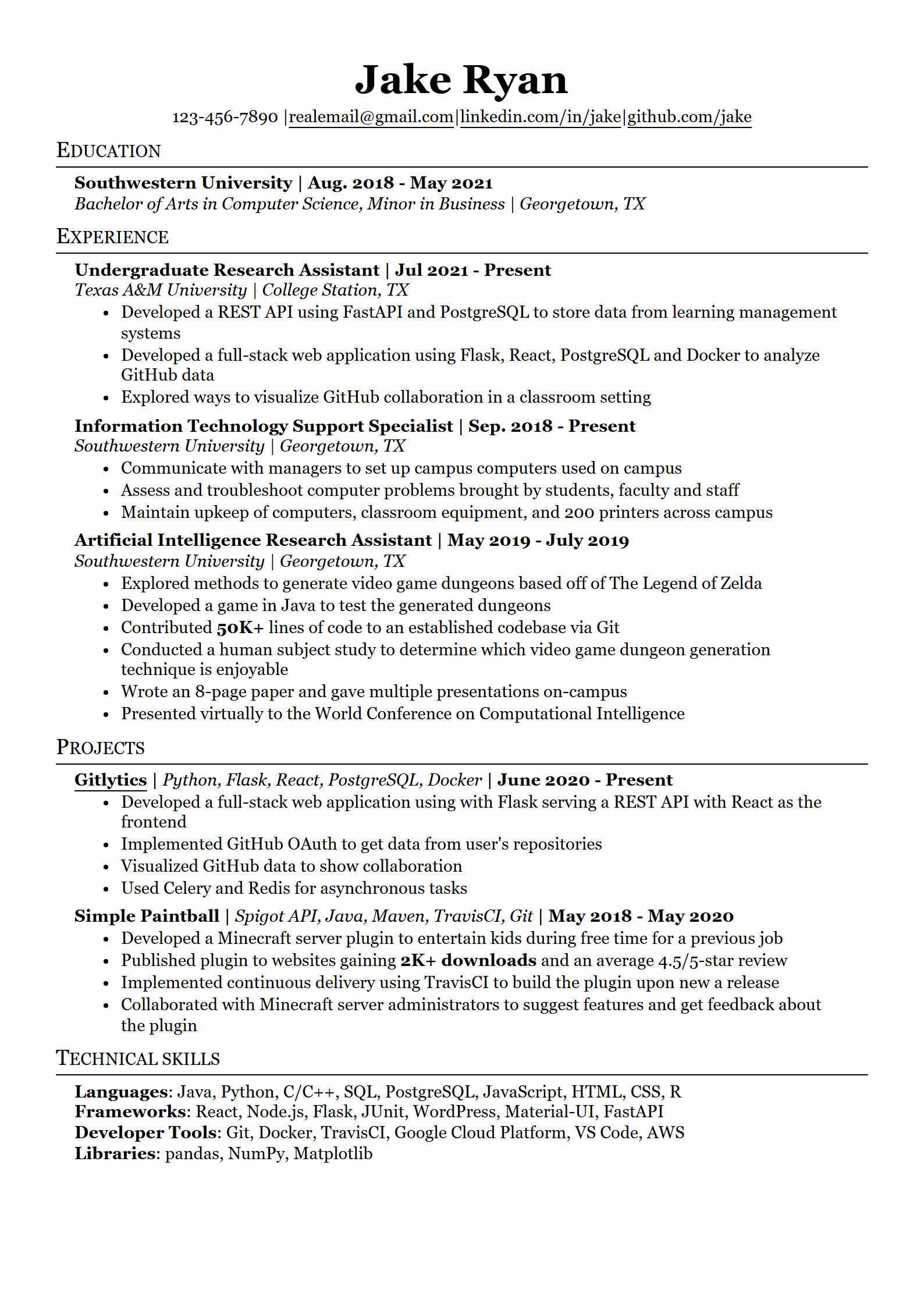 Jake's Resume resume template
